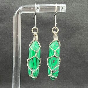 Malachite Earrings Wire Wrapped Silver Tone Boho Geometric‎